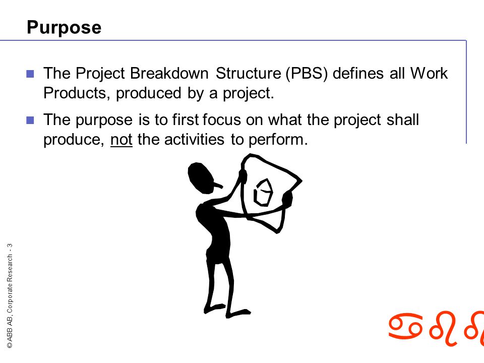 © ABB AB, Corporate Research - 3 abb Purpose The Project Breakdown Structure (PBS) defines all Work Products, produced by a project.