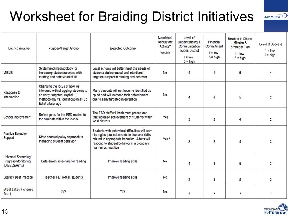Worksheet for Braiding District Initiatives 13