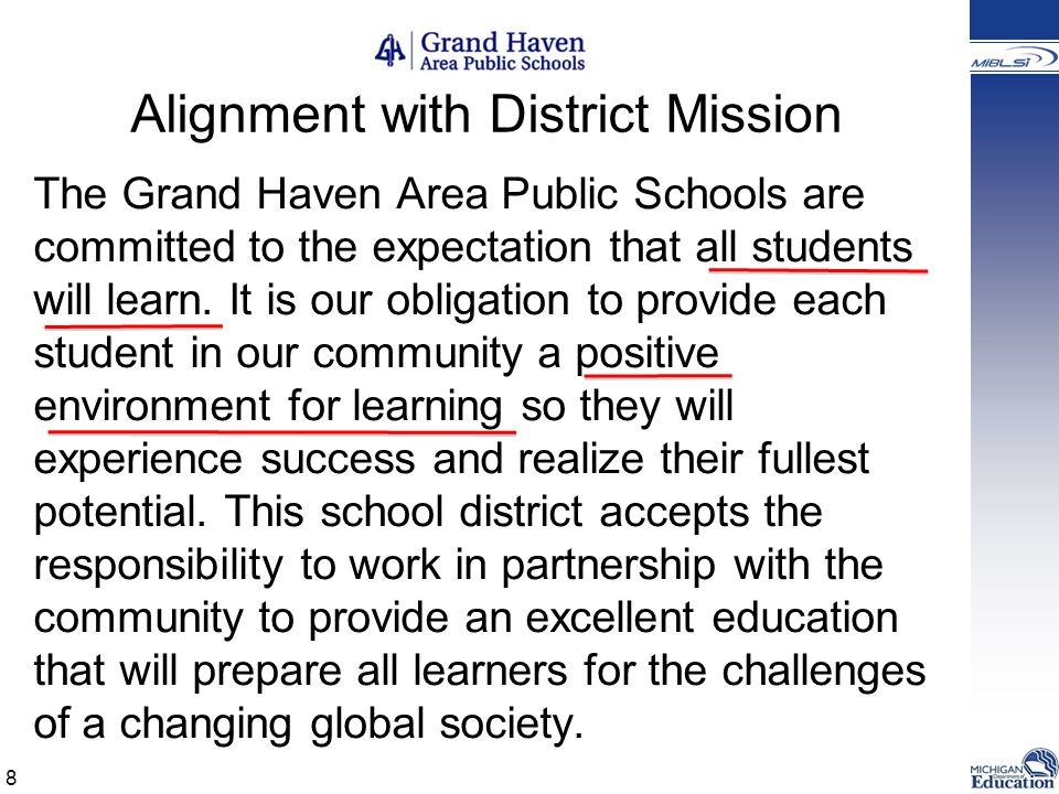 Alignment with District Mission The Grand Haven Area Public Schools are committed to the expectation that all students will learn.