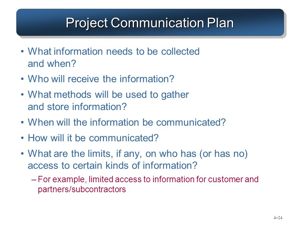 4–24 Project Communication Plan What information needs to be collected and when.