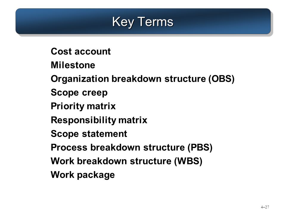 4–27 Key Terms Cost account Milestone Organization breakdown structure (OBS) Scope creep Priority matrix Responsibility matrix Scope statement Process breakdown structure (PBS) Work breakdown structure (WBS) Work package