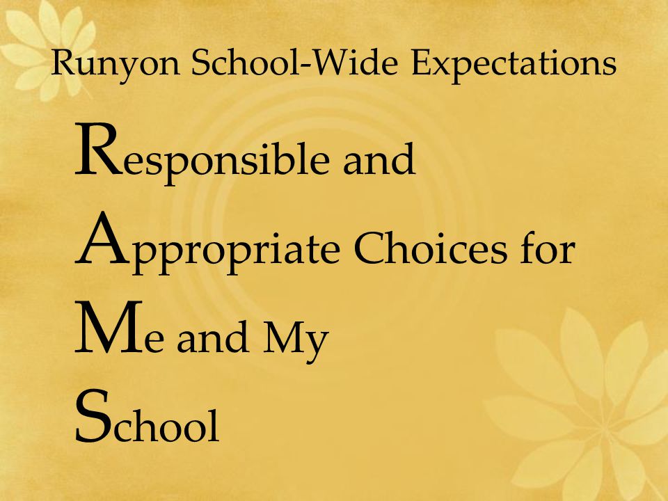 Runyon School-Wide Expectations R esponsible and A ppropriate Choices for M e and My S chool