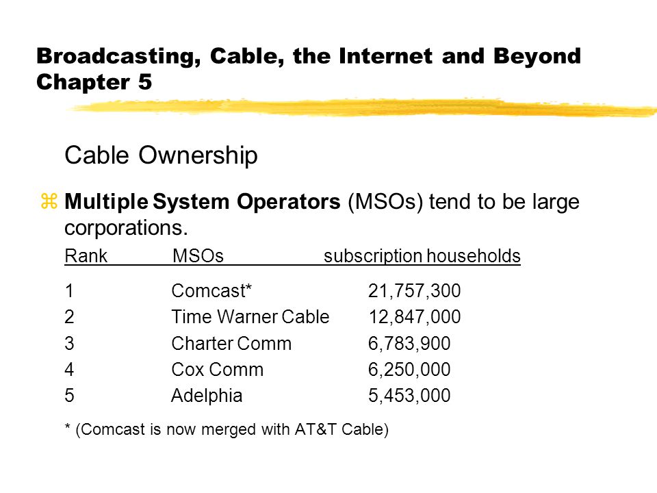 Broadcasting, Cable, the Internet and Beyond Chapter 5 Cable Ownership zMultiple System Operators (MSOs) tend to be large corporations.