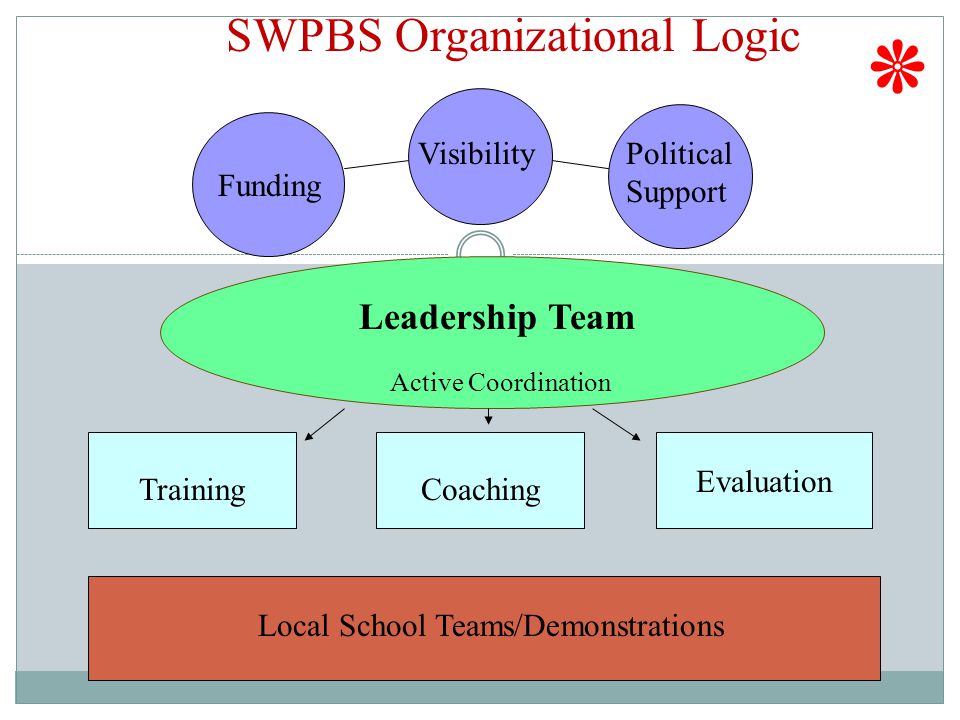 Leadership Team Funding VisibilityPolitical Support TrainingCoaching Evaluation Active Coordination Local School Teams/Demonstrations SWPBS Organizational Logic ٭