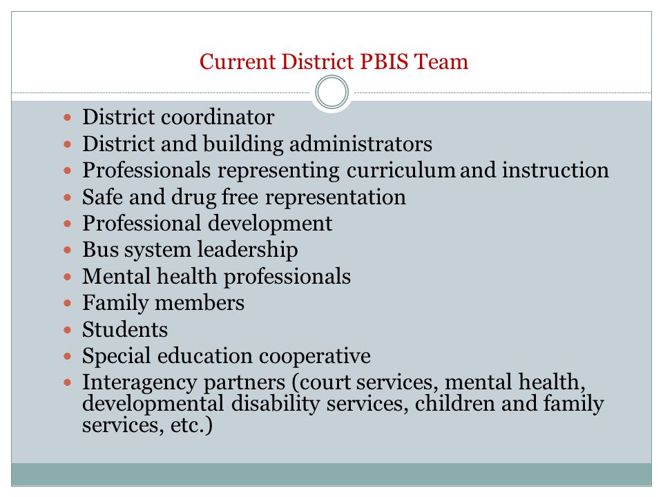 Current District PBIS Team District coordinator District and building administrators Professionals representing curriculum and instruction Safe and drug free representation Professional development Bus system leadership Mental health professionals Family members Students Special education cooperative Interagency partners (court services, mental health, developmental disability services, children and family services, etc.)