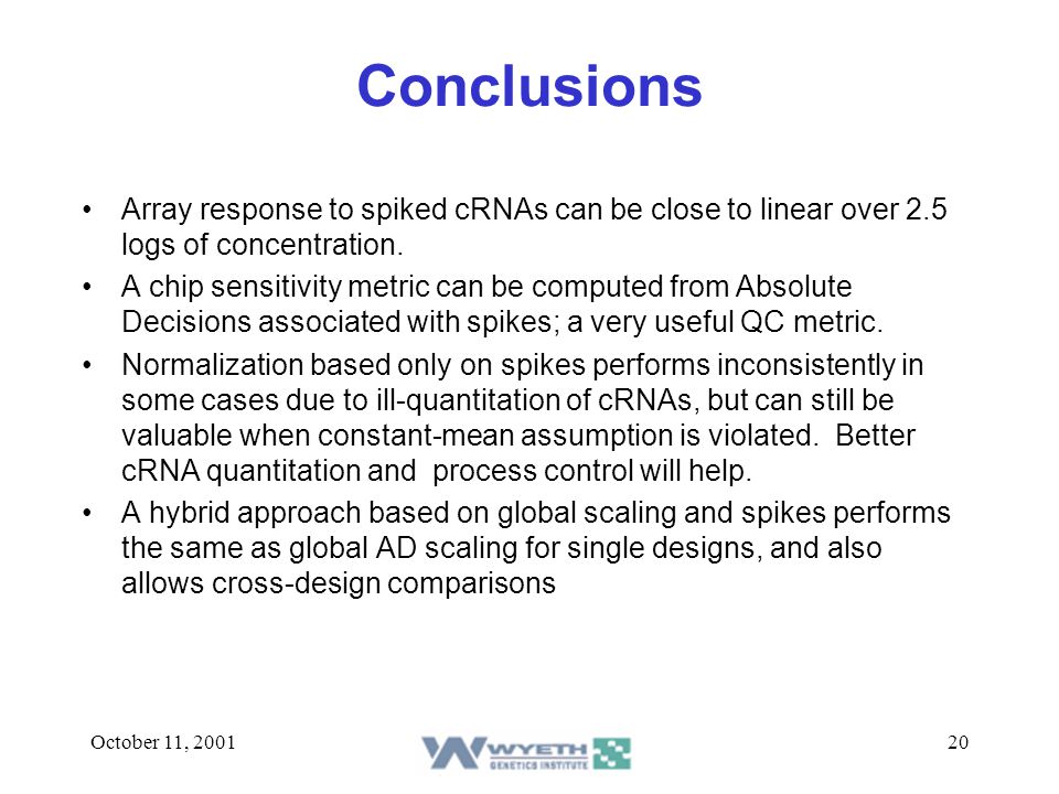 October 11, Conclusions Array response to spiked cRNAs can be close to linear over 2.5 logs of concentration.