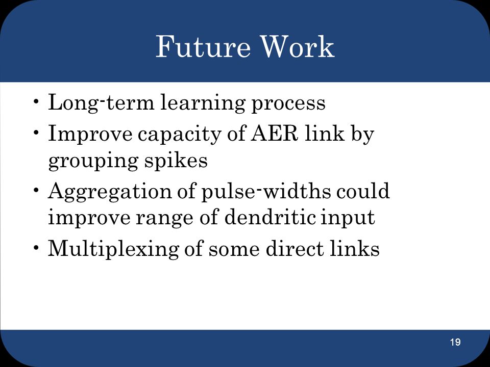 Future Work Long-term learning process Improve capacity of AER link by grouping spikes Aggregation of pulse-widths could improve range of dendritic input Multiplexing of some direct links 19