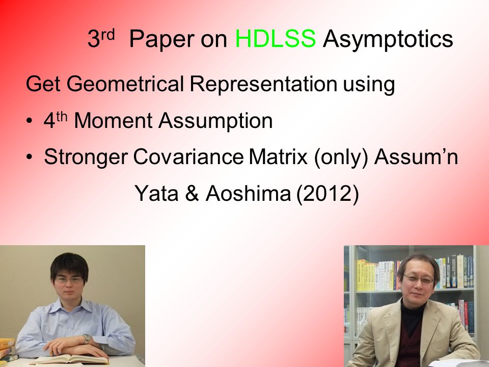 3 rd Paper on HDLSS Asymptotics Get Geometrical Representation using 4 th Moment Assumption Stronger Covariance Matrix (only) Assum’n Yata & Aoshima (2012)