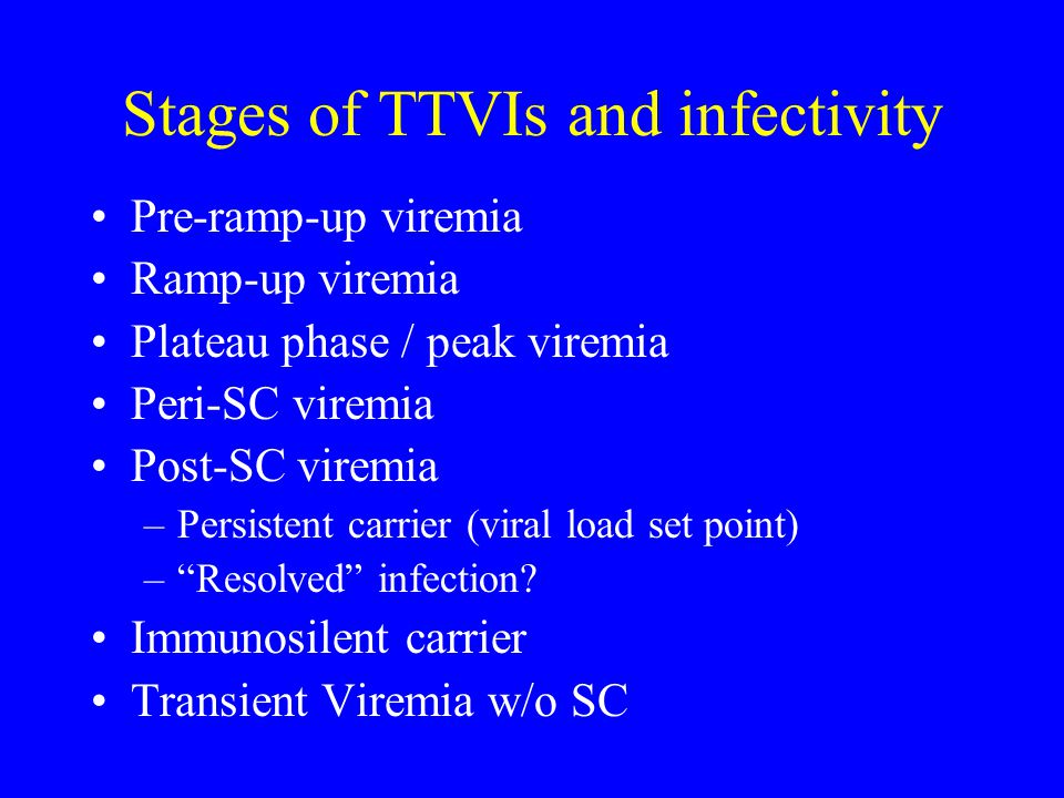Stages of TTVIs and infectivity Pre-ramp-up viremia Ramp-up viremia Plateau phase / peak viremia Peri-SC viremia Post-SC viremia –Persistent carrier (viral load set point) – Resolved infection.