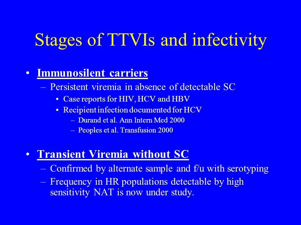 Stages of TTVIs and infectivity Immunosilent carriers –Persistent viremia in absence of detectable SC Case reports for HIV, HCV and HBV Recipient infection documented for HCV –Durand et al.
