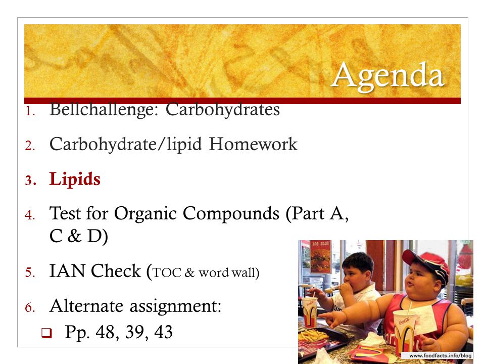 Agenda 1. Bellchallenge: Carbohydrates 2. Carbohydrate/lipid Homework 3.