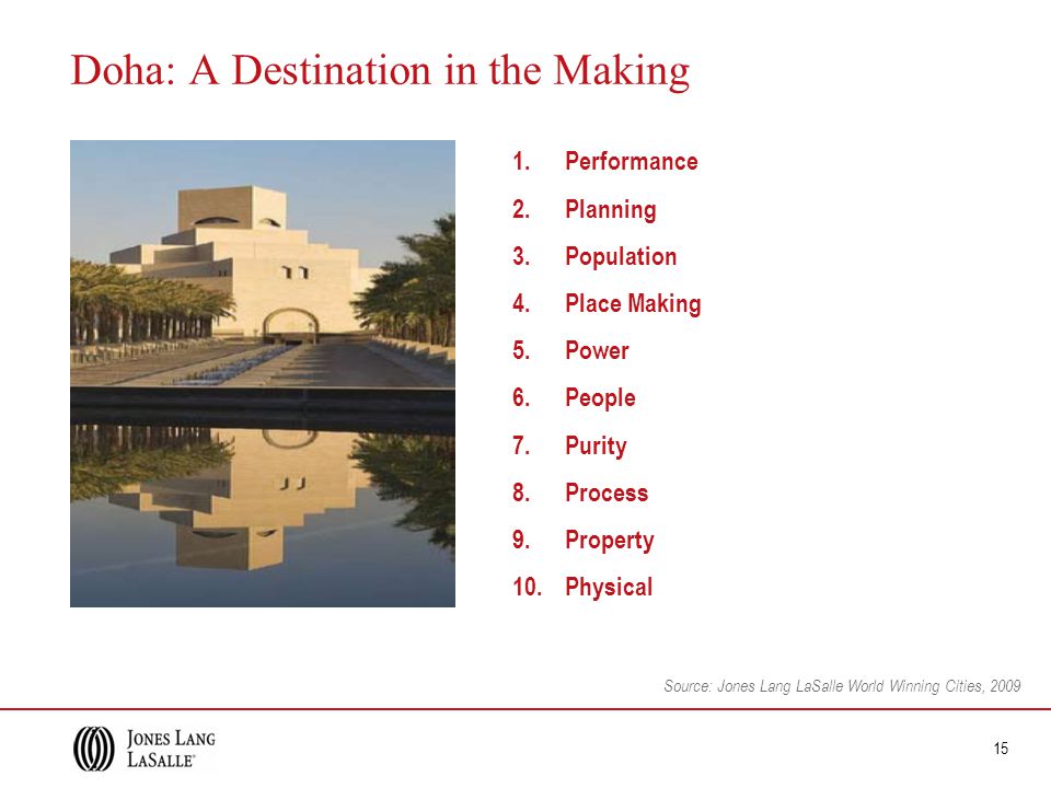 15 Doha: A Destination in the Making Source: Jones Lang LaSalle World Winning Cities, Performance 2.Planning 3.Population 4.Place Making 5.Power 6.People 7.Purity 8.Process 9.Property 10.Physical