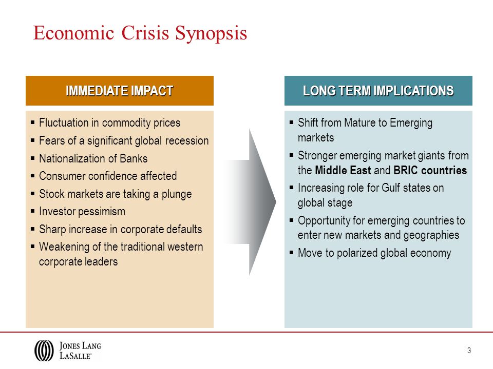 3 LONG TERM IMPLICATIONS  Shift from Mature to Emerging markets  Stronger emerging market giants from the Middle East and BRIC countries  Increasing role for Gulf states on global stage  Opportunity for emerging countries to enter new markets and geographies  Move to polarized global economy Economic Crisis Synopsis IMMEDIATE IMPACT  Fluctuation in commodity prices  Fears of a significant global recession  Nationalization of Banks  Consumer confidence affected  Stock markets are taking a plunge  Investor pessimism  Sharp increase in corporate defaults  Weakening of the traditional western corporate leaders