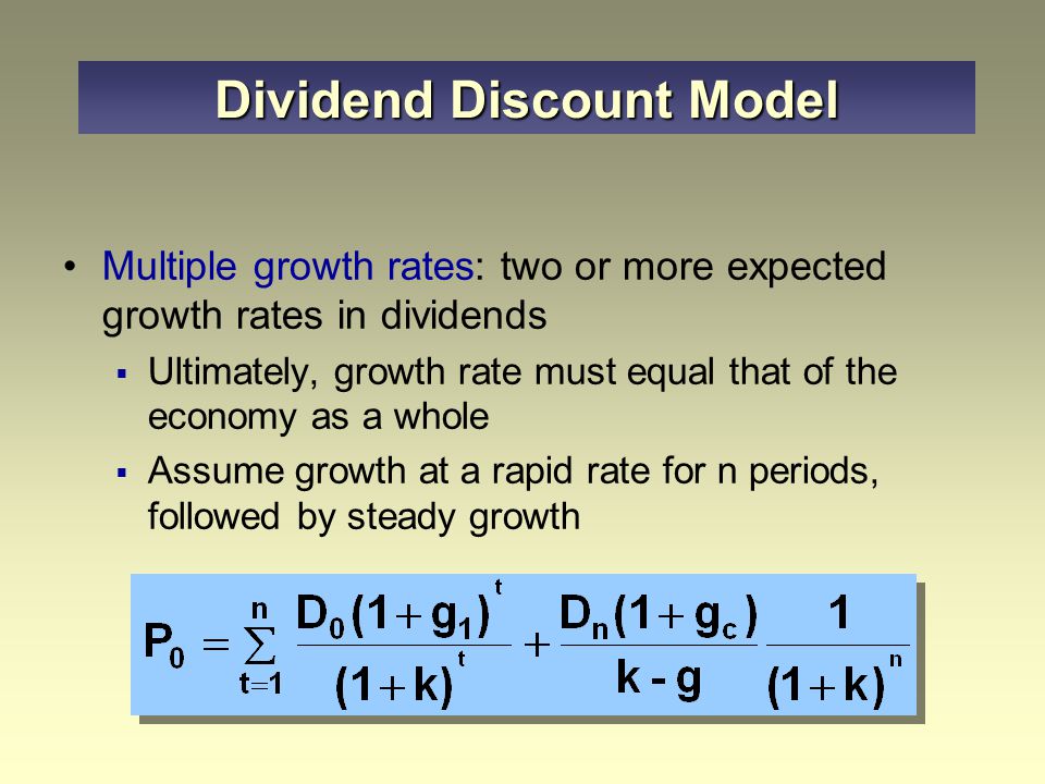 Implications of constant growth  Stock prices grow at the same rate as the dividends  Stock total returns grow at the required rate of return Growth rate in price plus growth rate in dividends equals k, the required rate of return  A lower required return or a higher expected growth in dividends raises prices Dividend Discount Model