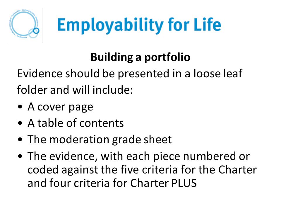 Building a portfolio Evidence should be presented in a loose leaf folder and will include: A cover page A table of contents The moderation grade sheet The evidence, with each piece numbered or coded against the five criteria for the Charter and four criteria for Charter PLUS
