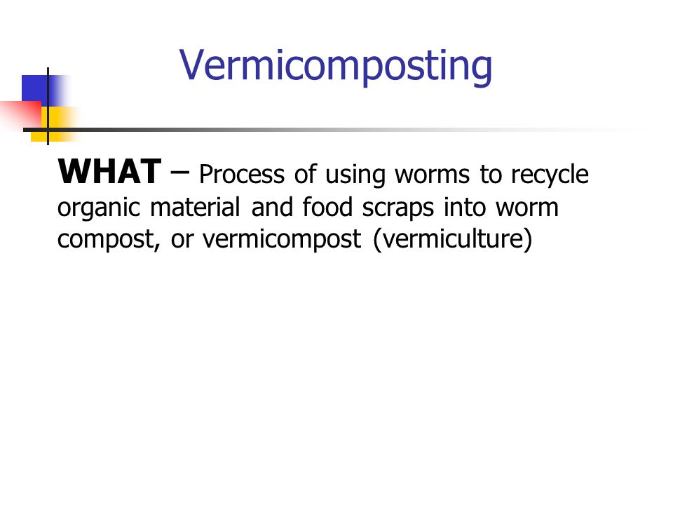 Vermicomposting WHAT – Process of using worms to recycle organic material and food scraps into worm compost, or vermicompost (vermiculture)