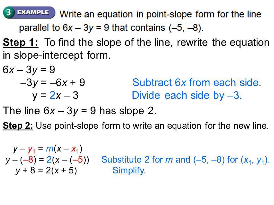 Step 1: To find the slope of the line, rewrite the equation in slope-intercept form.