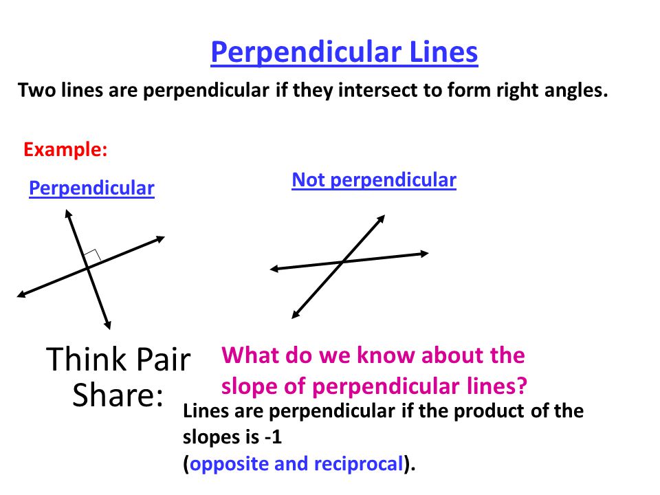 Perpendicular Lines Two lines are perpendicular if they intersect to form right angles.