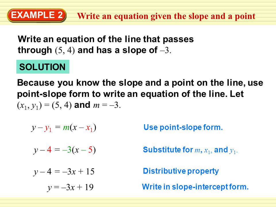 Write an equation given the slope and a point EXAMPLE 2 Write an equation of the line that passes through (5, 4) and has a slope of –3.