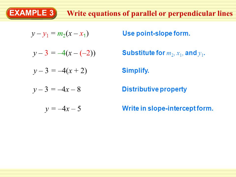 EXAMPLE 3 y – 3 = –4(x – (–2)) y – y 1 = m 2 (x – x 1 ) Use point-slope form.