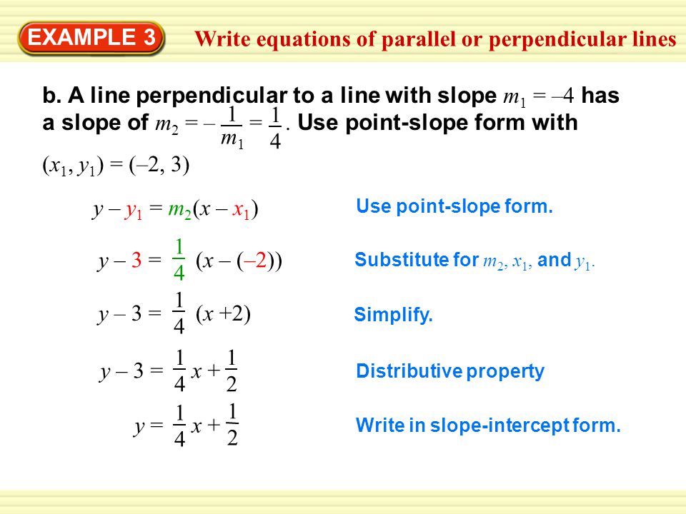 EXAMPLE 3 b. A line perpendicular to a line with slope m 1 = –4 has a slope of m 2 = – =.