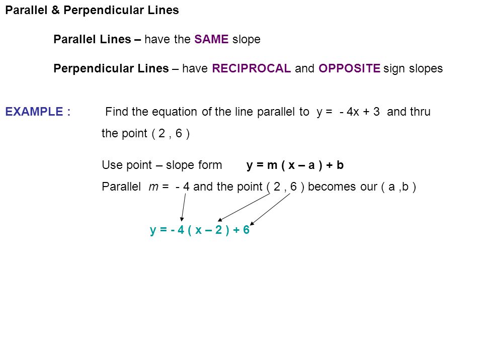 Parallel & Perpendicular Lines Parallel Lines – have the SAME slope Perpendicular Lines – have RECIPROCAL and OPPOSITE sign slopes EXAMPLE : Find the equation of the line parallel to y = - 4x + 3 and thru the point ( 2, 6 ) Use point – slope formy = m ( x – a ) + b Parallel m = - 4 and the point ( 2, 6 ) becomes our ( a,b ) y = - 4 ( x – 2 ) + 6