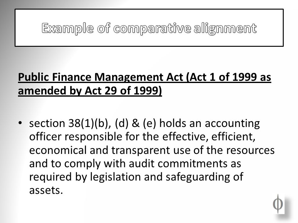 Public Finance Management Act (Act 1 of 1999 as amended by Act 29 of 1999) section 38(1)(b), (d) & (e) holds an accounting officer responsible for the effective, efficient, economical and transparent use of the resources and to comply with audit commitments as required by legislation and safeguarding of assets.