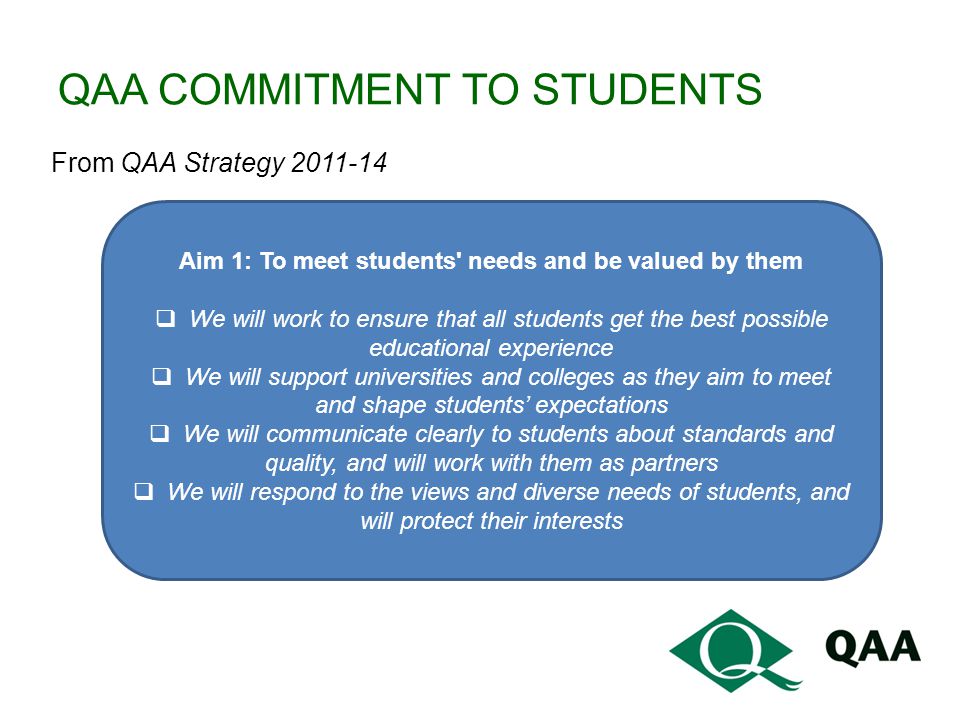 QAA COMMITMENT TO STUDENTS From QAA Strategy Aim 1: To meet students needs and be valued by them  We will work to ensure that all students get the best possible educational experience  We will support universities and colleges as they aim to meet and shape students’ expectations  We will communicate clearly to students about standards and quality, and will work with them as partners  We will respond to the views and diverse needs of students, and will protect their interests