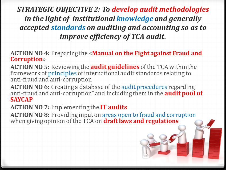 STRATEGIC OBJECTIVE 2: To develop audit methodologies in the light of institutional knowledge and generally accepted standards on auditing and accounting so as to improve efficiency of TCA audit.
