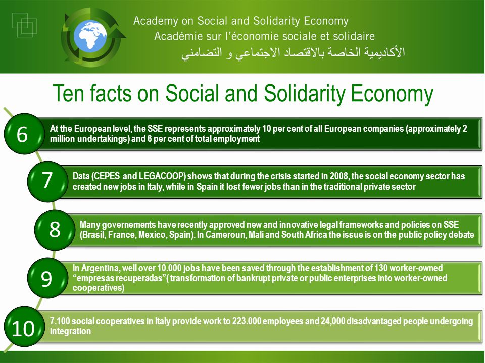 At the European level, the SSE represents approximately 10 per cent of all European companies (approximately 2 million undertakings) and 6 per cent of total employment Data (CEPES and LEGACOOP) shows that during the crisis started in 2008, the social economy sector has created new jobs in Italy, while in Spain it lost fewer jobs than in the traditional private sector Many governements have recently approved new and innovative legal frameworks and policies on SSE (Brasil, France, Mexico, Spain).