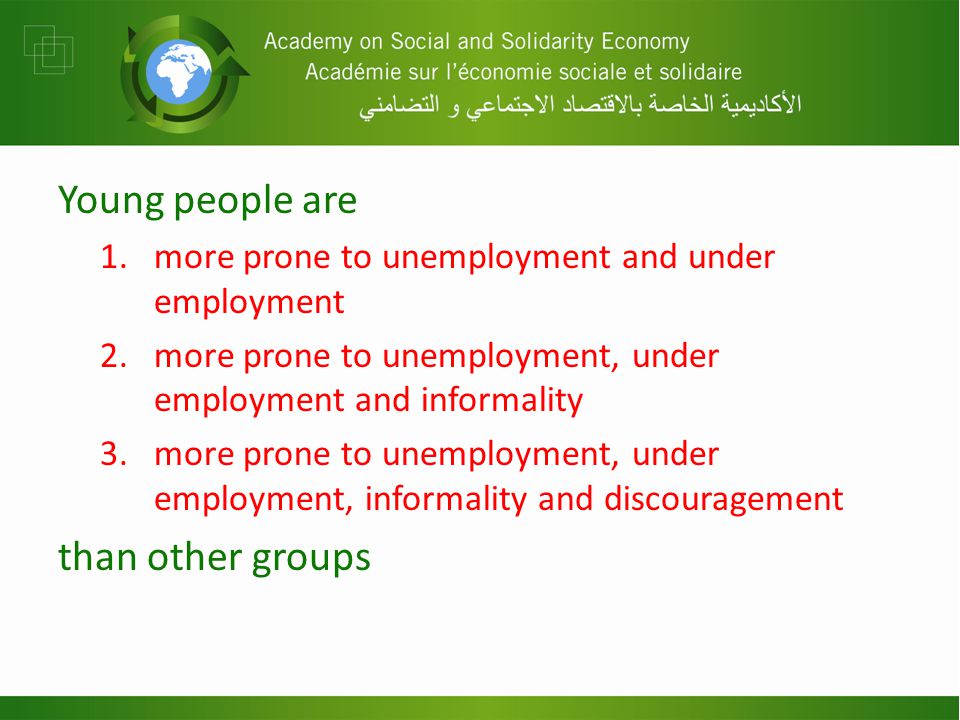 Young people are 1.more prone to unemployment and under employment 2.more prone to unemployment, under employment and informality 3.more prone to unemployment, under employment, informality and discouragement than other groups
