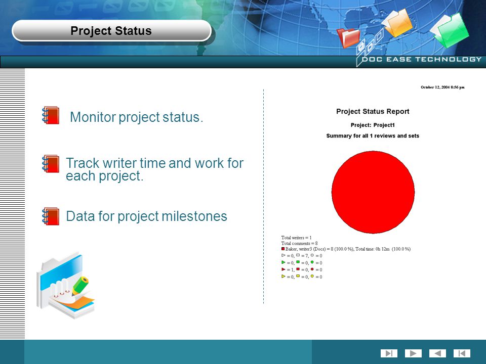 Project Status Monitor project status. Track writer time and work for each project.