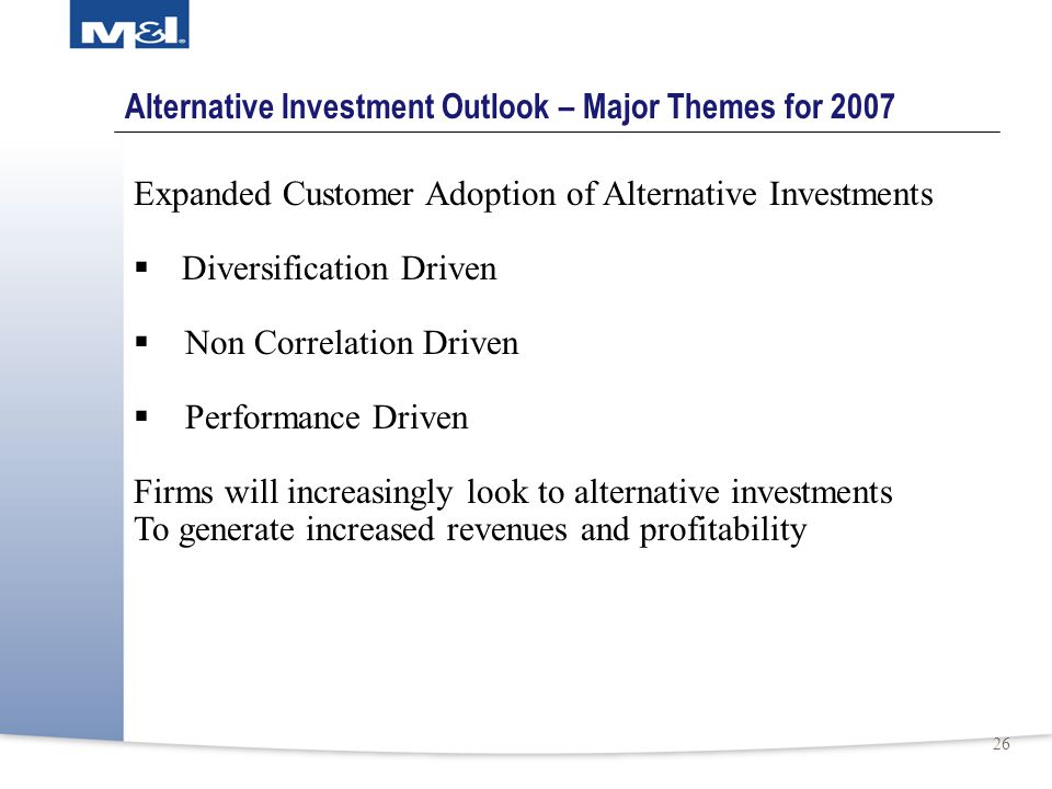 26 Alternative Investment Outlook – Major Themes for 2007 Expanded Customer Adoption of Alternative Investments  Diversification Driven  Non Correlation Driven  Performance Driven Firms will increasingly look to alternative investments To generate increased revenues and profitability
