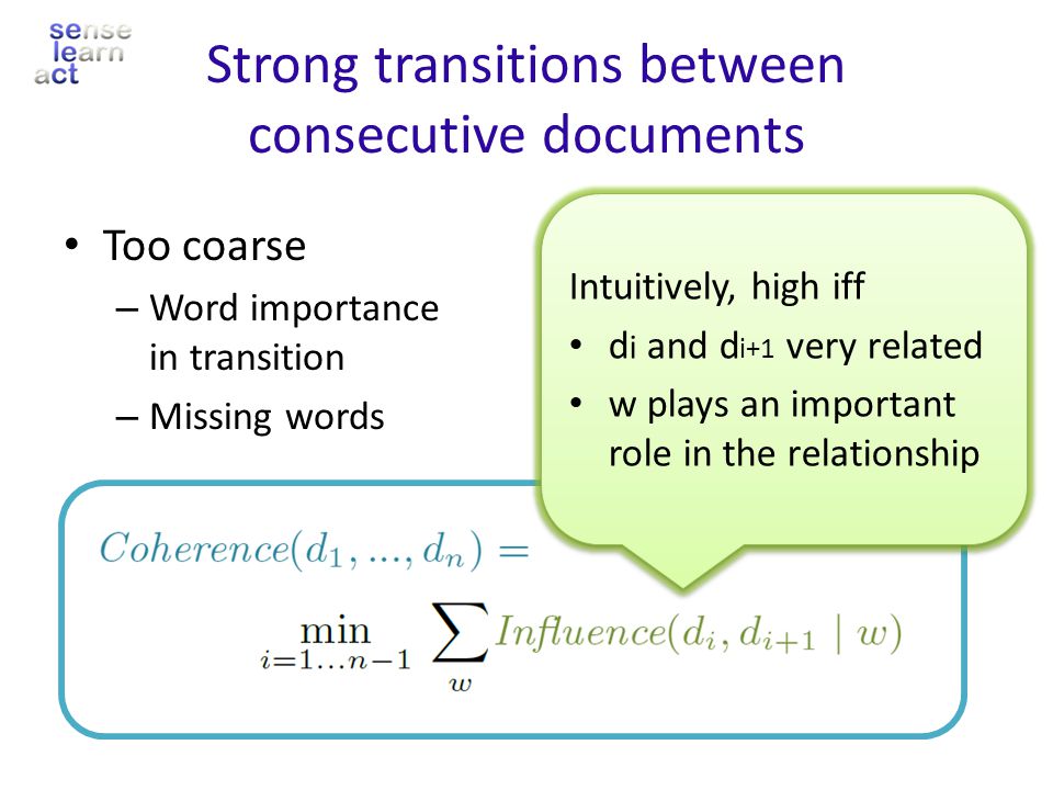 Strong transitions between consecutive documents min(4,3,1)=1 Too coarse – Word importance in transition – Missing words .