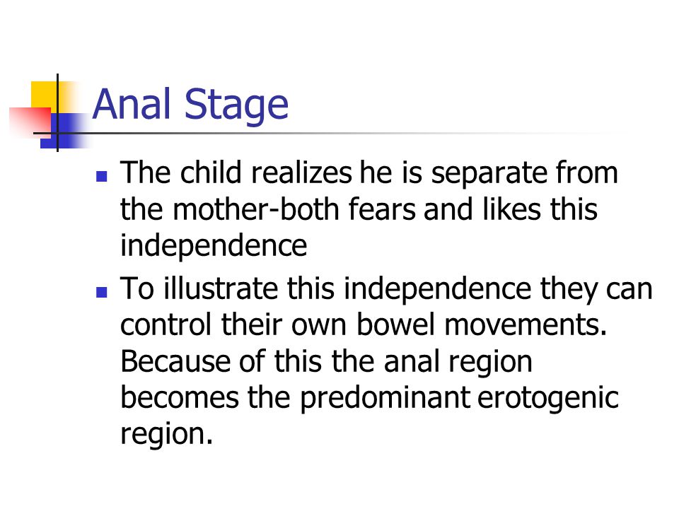 Anal Stage The child realizes he is separate from the mother-both fears and likes this independence To illustrate this independence they can control their own bowel movements.