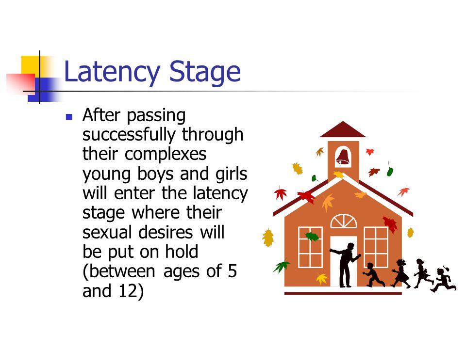 Latency Stage After passing successfully through their complexes young boys and girls will enter the latency stage where their sexual desires will be put on hold (between ages of 5 and 12)