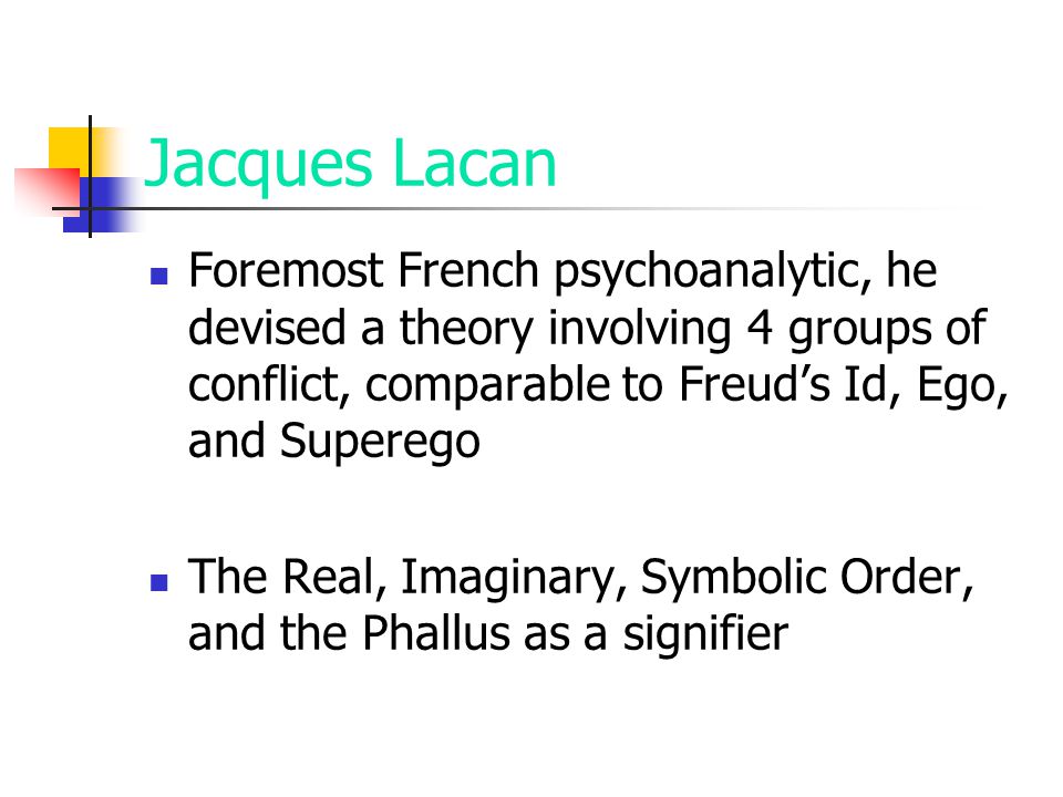 Foremost French psychoanalytic, he devised a theory involving 4 groups of conflict, comparable to Freud’s Id, Ego, and Superego The Real, Imaginary, Symbolic Order, and the Phallus as a signifier