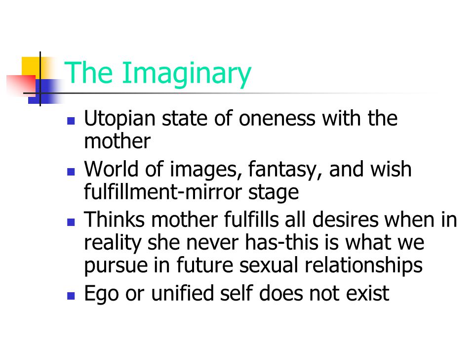 The Imaginary Utopian state of oneness with the mother World of images, fantasy, and wish fulfillment-mirror stage Thinks mother fulfills all desires when in reality she never has-this is what we pursue in future sexual relationships Ego or unified self does not exist