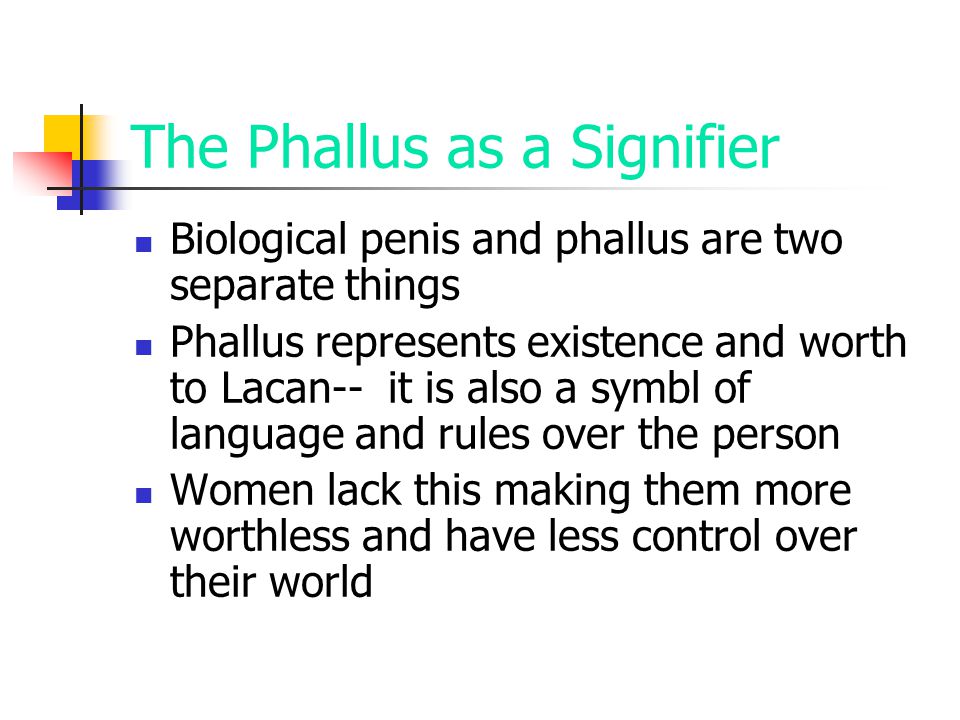 The Phallus as a Signifier Biological penis and phallus are two separate things Phallus represents existence and worth to Lacan-- it is also a symbl of language and rules over the person Women lack this making them more worthless and have less control over their world