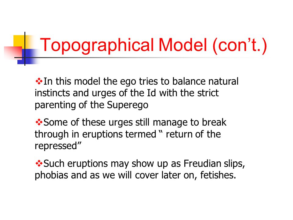 Topographical Model (con’t.)  In this model the ego tries to balance natural instincts and urges of the Id with the strict parenting of the Superego  Some of these urges still manage to break through in eruptions termed return of the repressed  Such eruptions may show up as Freudian slips, phobias and as we will cover later on, fetishes.