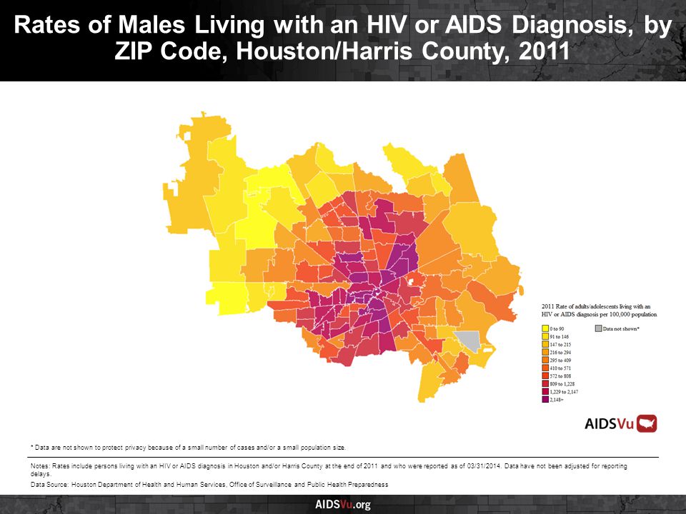 Rates of Males Living with an HIV or AIDS Diagnosis, by ZIP Code, Houston/Harris County, 2011 Notes: Rates include persons living with an HIV or AIDS diagnosis in Houston and/or Harris County at the end of 2011 and who were reported as of 03/31/2014.