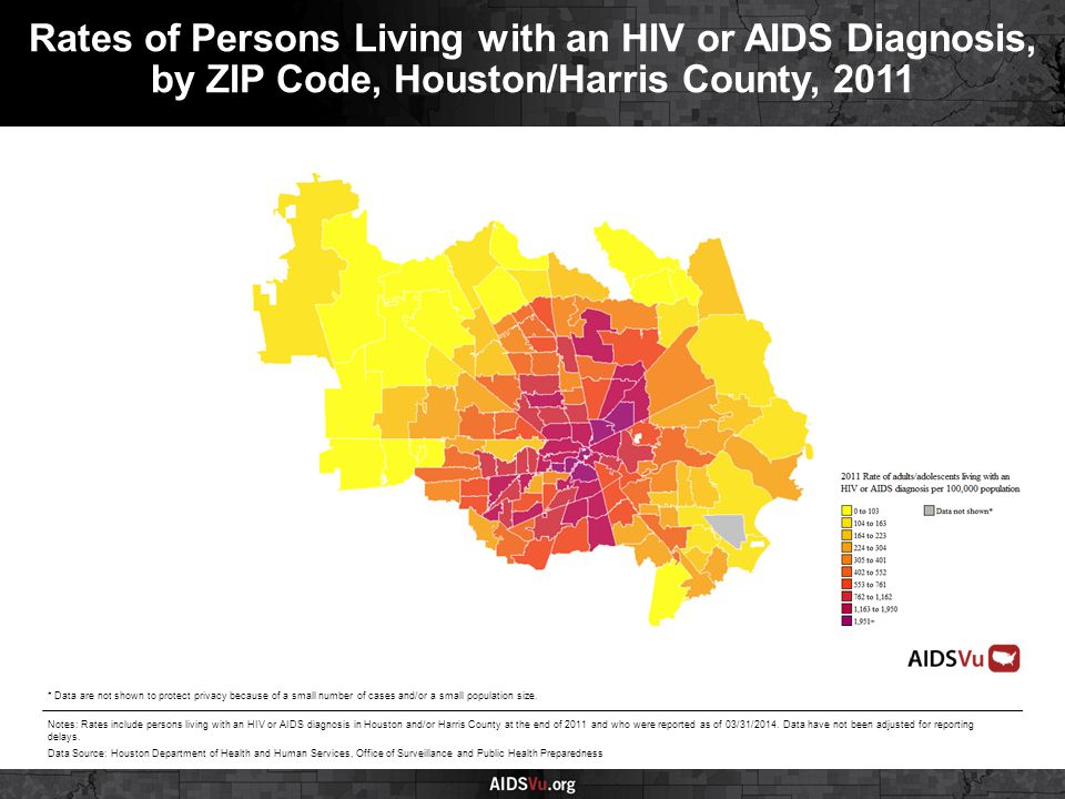 Rates of Persons Living with an HIV or AIDS Diagnosis, by ZIP Code, Houston/Harris County, 2011 Notes: Rates include persons living with an HIV or AIDS diagnosis in Houston and/or Harris County at the end of 2011 and who were reported as of 03/31/2014.