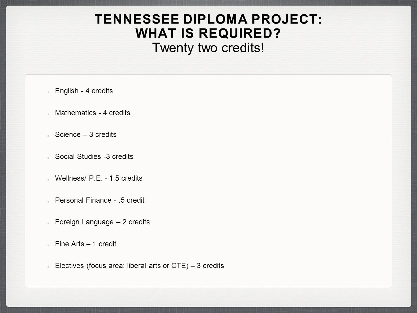 TENNESSEE DIPLOMA PROJECT: WHAT IS REQUIRED. Twenty two credits.