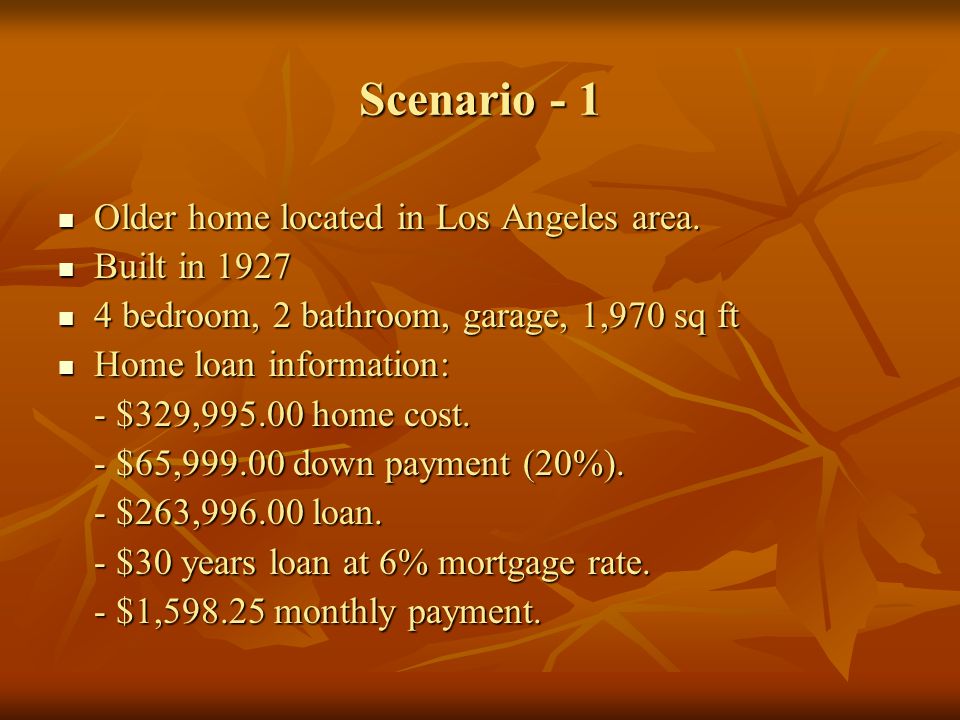 Scenario - 1 Older home located in Los Angeles area.