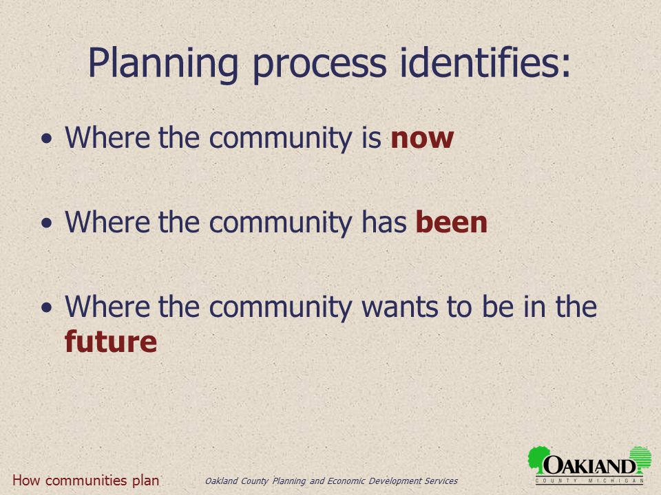 Oakland County Planning and Economic Development Services Planning process identifies: Where the community is now Where the community has been Where the community wants to be in the future How communities plan