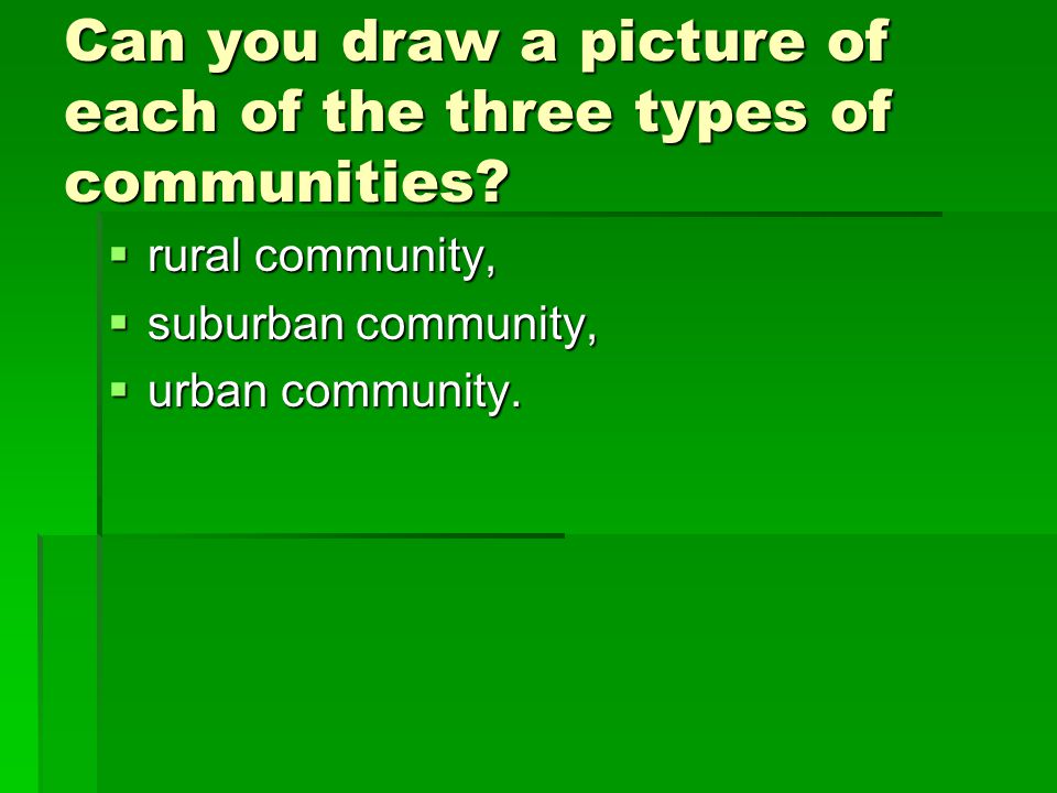 Can you draw a picture of each of the three types of communities.