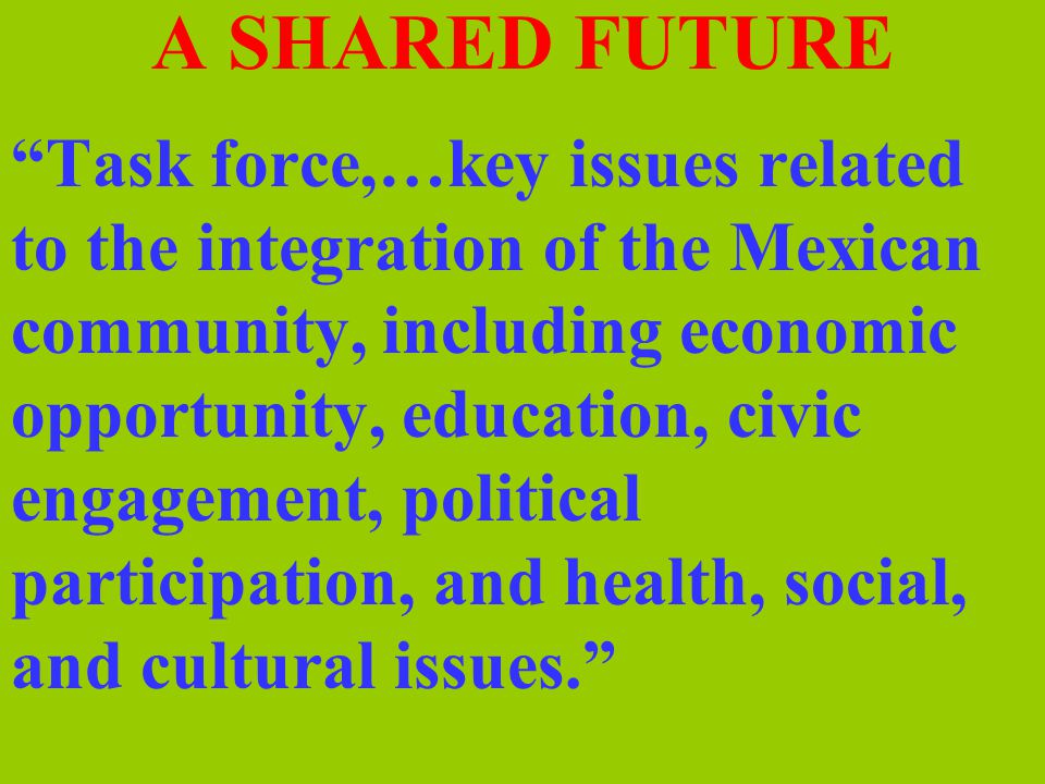Task force,…key issues related to the integration of the Mexican community, including economic opportunity, education, civic engagement, political participation, and health, social, and cultural issues.