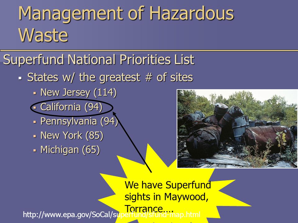 Management of Hazardous Waste Superfund National Priorities List  States w/ the greatest # of sites  New Jersey (114)  California (94)  Pennsylvania (94)  New York (85)  Michigan (65) We have Superfund sights in Maywood, Torrance….