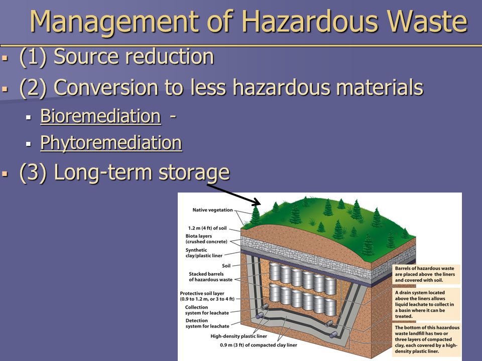 Management of Hazardous Waste  (1) Source reduction  (2) Conversion to less hazardous materials  Bioremediation -  Phytoremediation  (3) Long-term storage