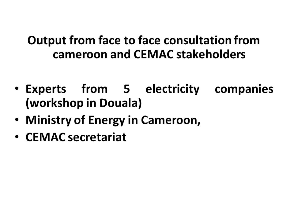 Output from face to face consultation from cameroon and CEMAC stakeholders Experts from 5 electricity companies (workshop in Douala) Ministry of Energy in Cameroon, CEMAC secretariat